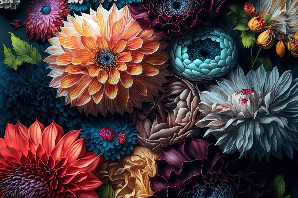 Dahlia's in diepe kleurenschaduw — volledig ontwerp