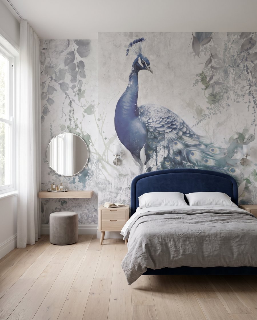 Pauw in grijze nevel in een interieur