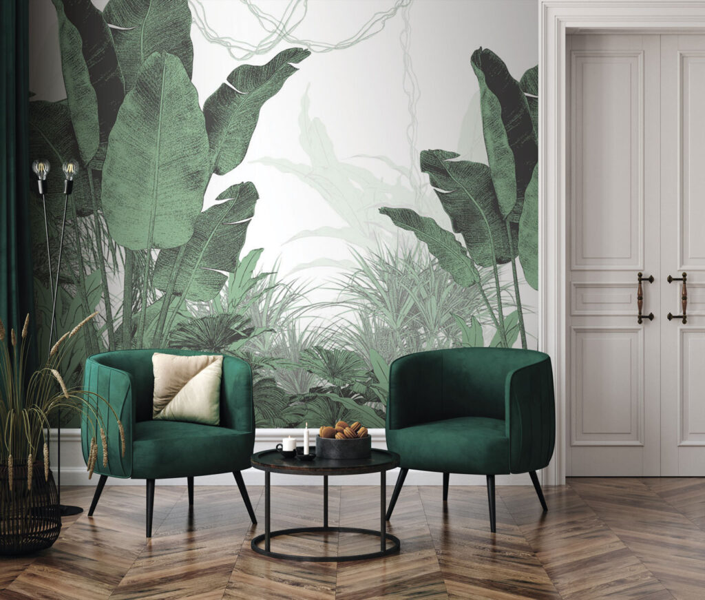 Groene bananenbladeren in lijnprent — interieur 2