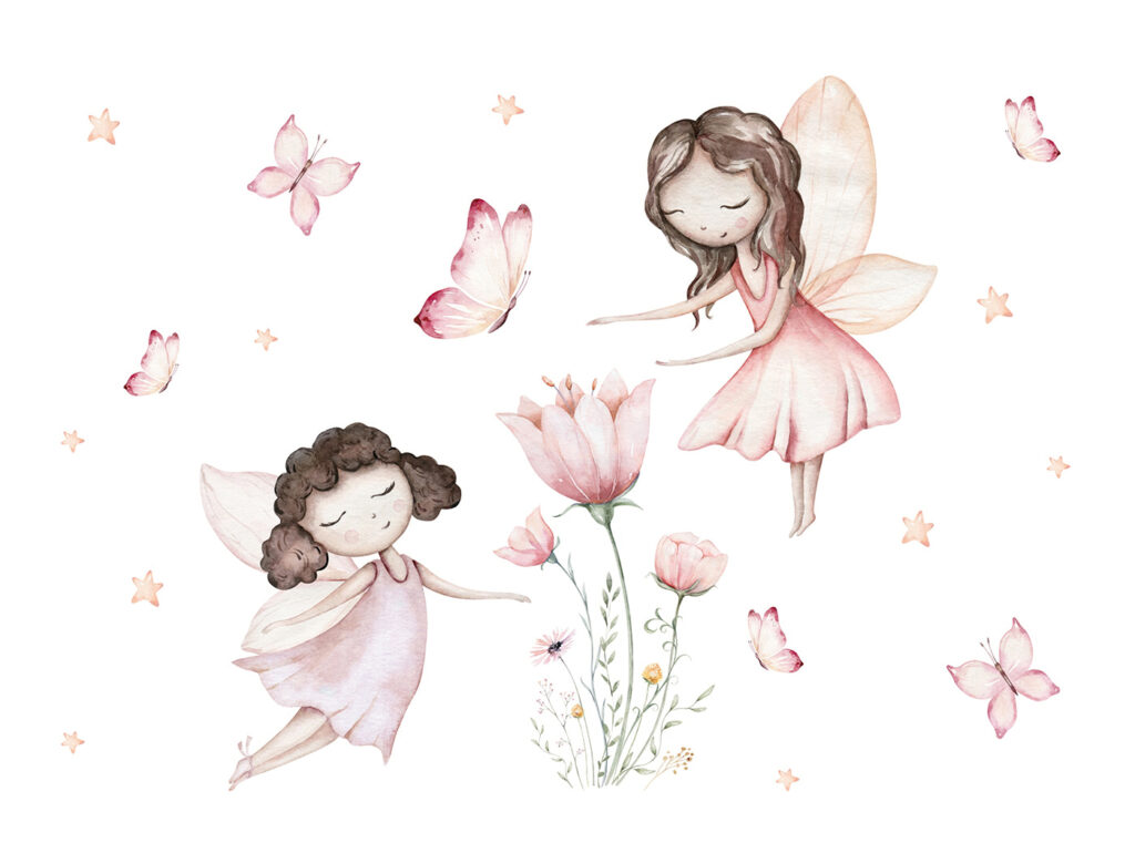 Twee elfjes tussen bloemen — volledig ontwerp