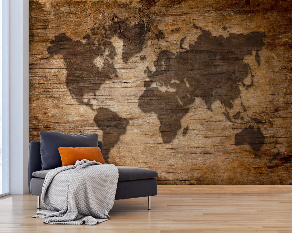 Wereldkaart op oude planken — interieur 2