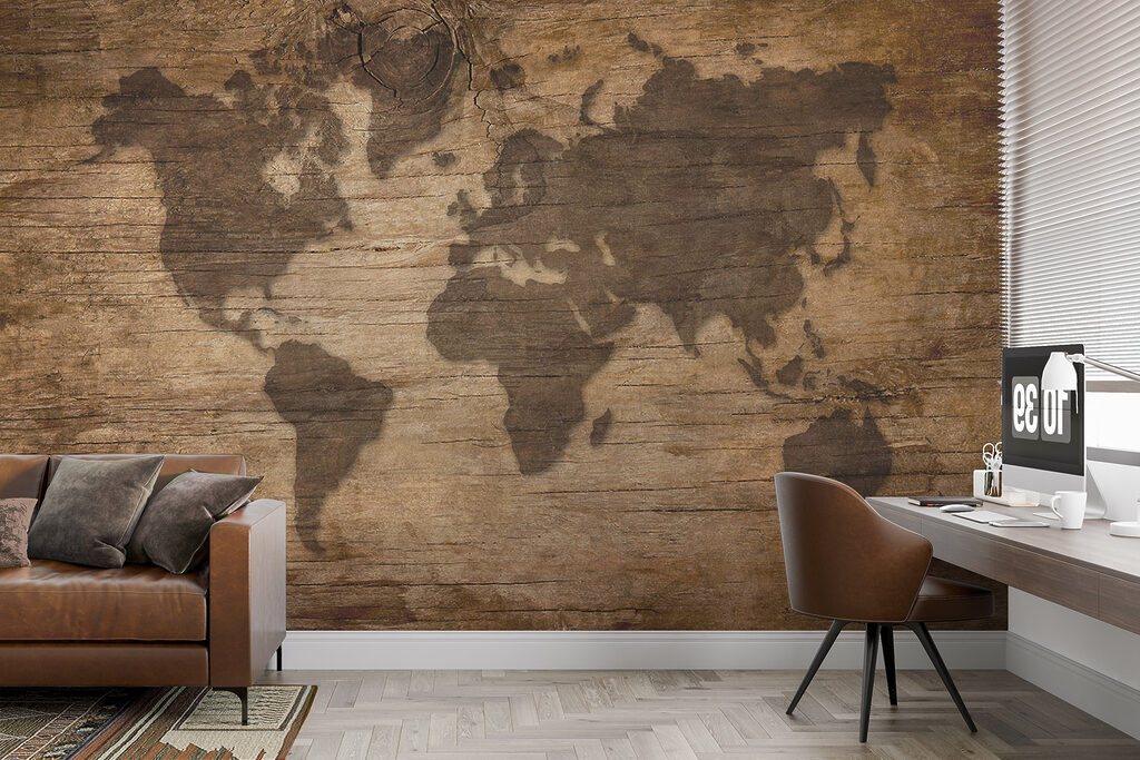 Wereldkaart op oude planken — interieur 4