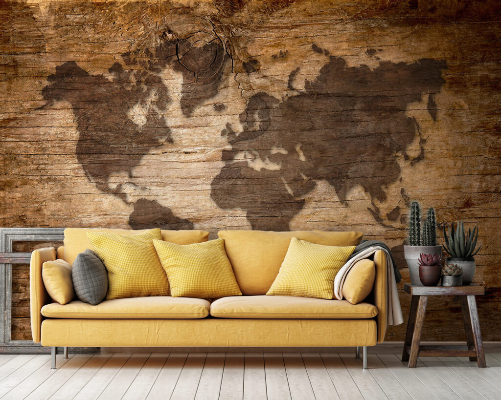 Wereldkaart op oude planken — interieur 1