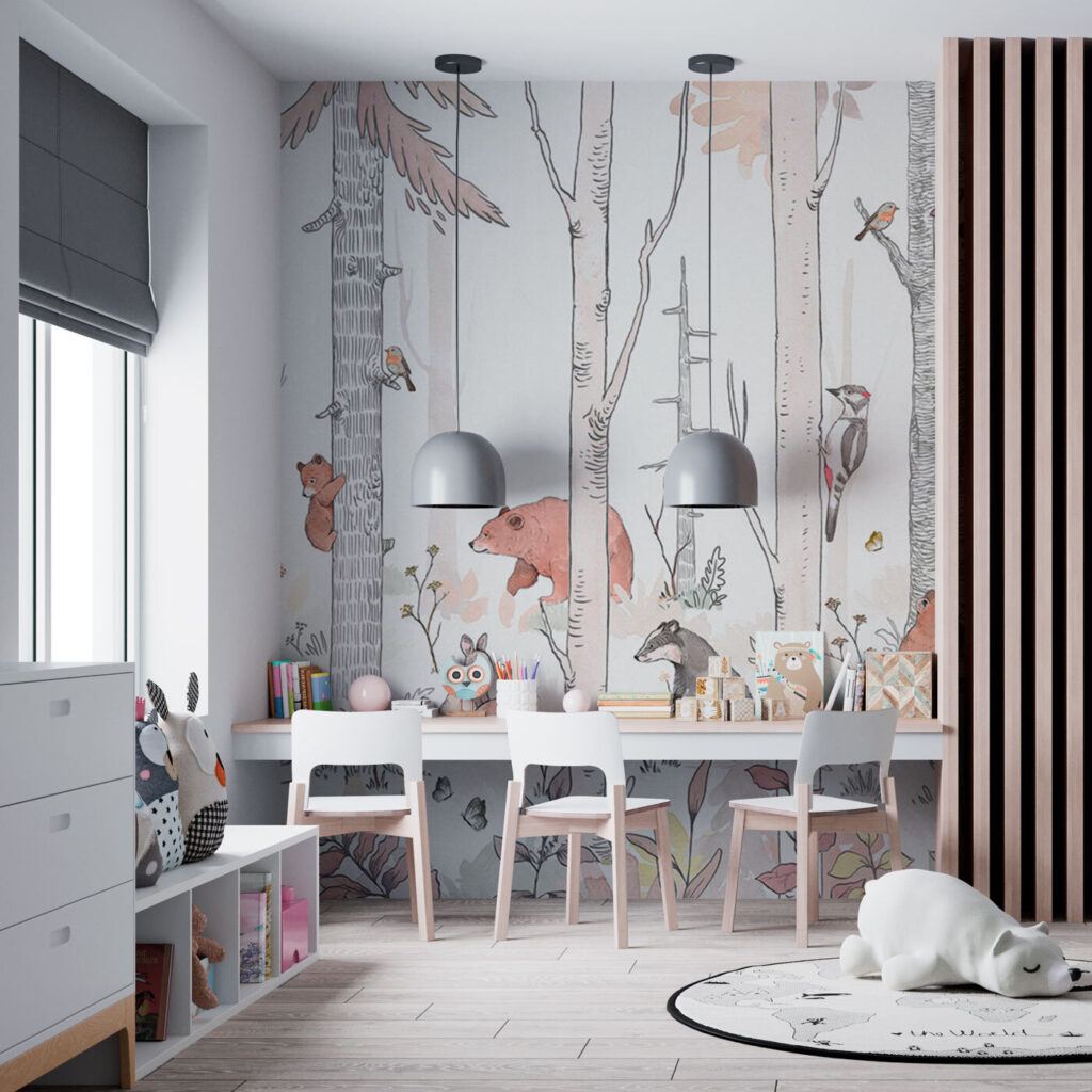 Een groep dieren in een bos in een interieur