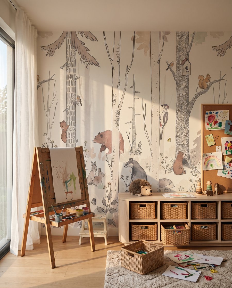 Bosvriendjes tussen witte stammen in een interieur