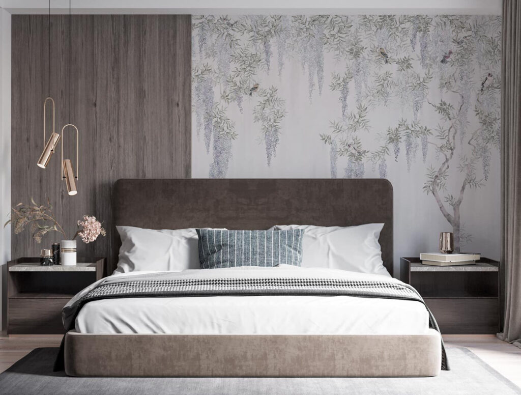 Elegant bloemmotief met vogels in een interieur