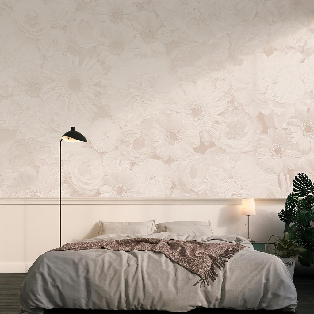 Witte bloemtekeningen dicht opeen — interieur 3