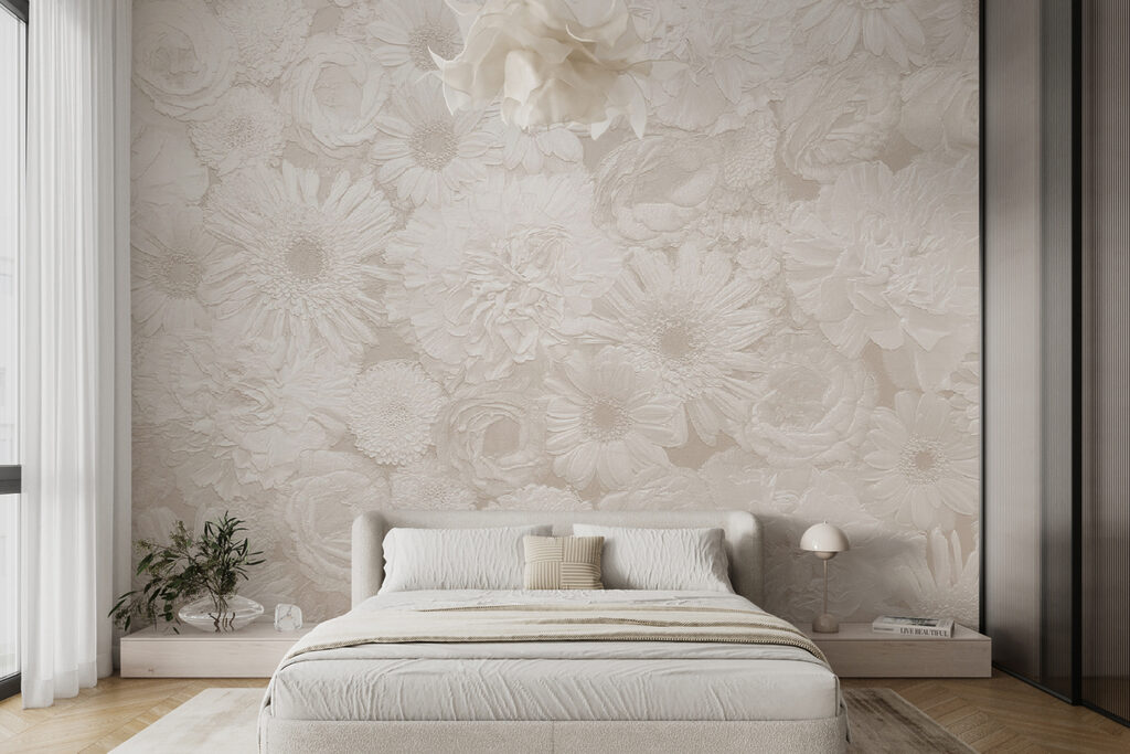 Witte bloemtekeningen dicht opeen — interieur 4
