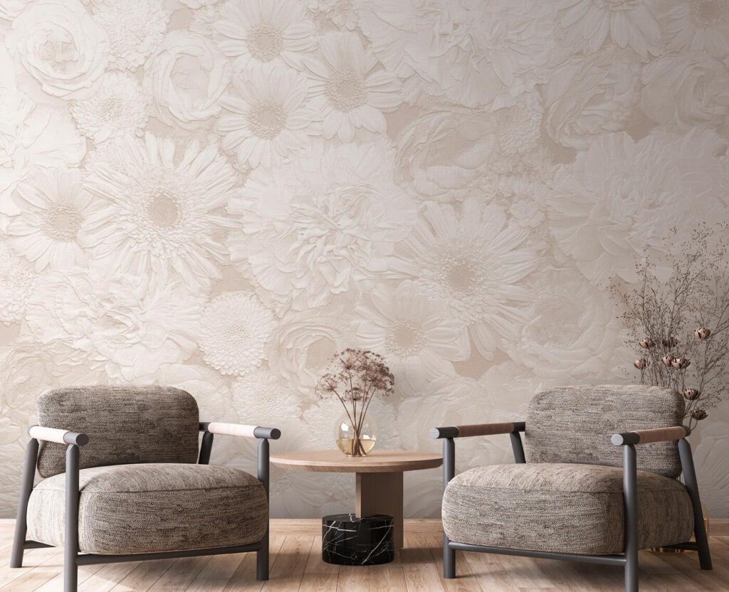 Witte bloemtekeningen dicht opeen — interieur 2