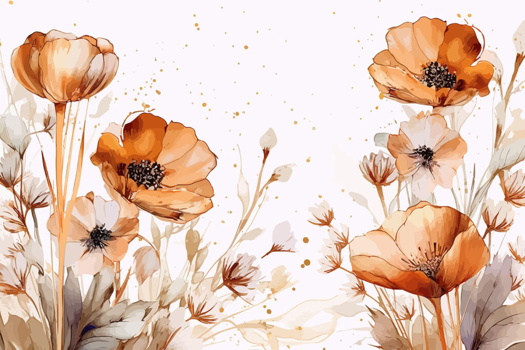 Okerkleurige bloemen in aquarel — volledig ontwerp