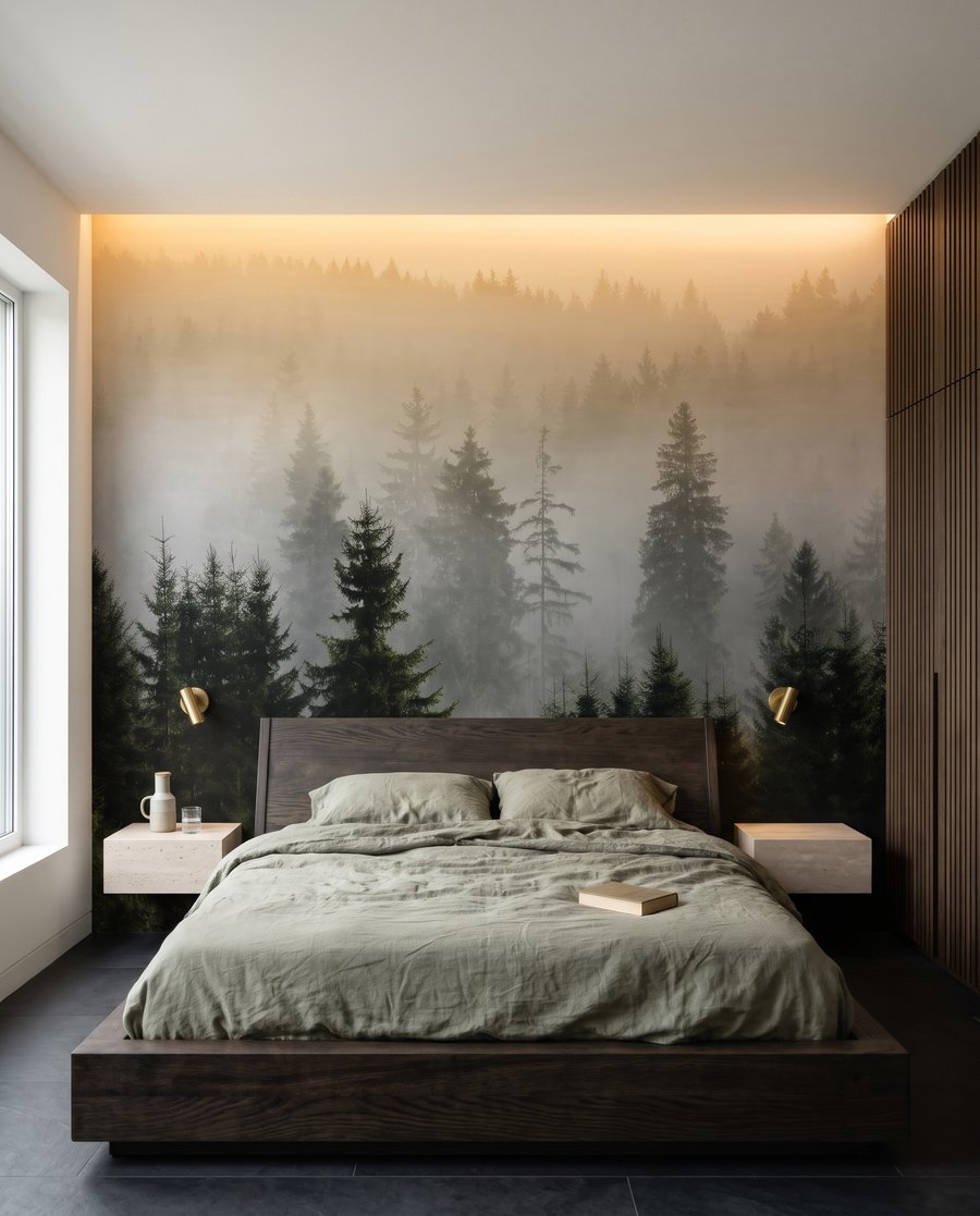 Bos onder warm ochtendlicht in een interieur