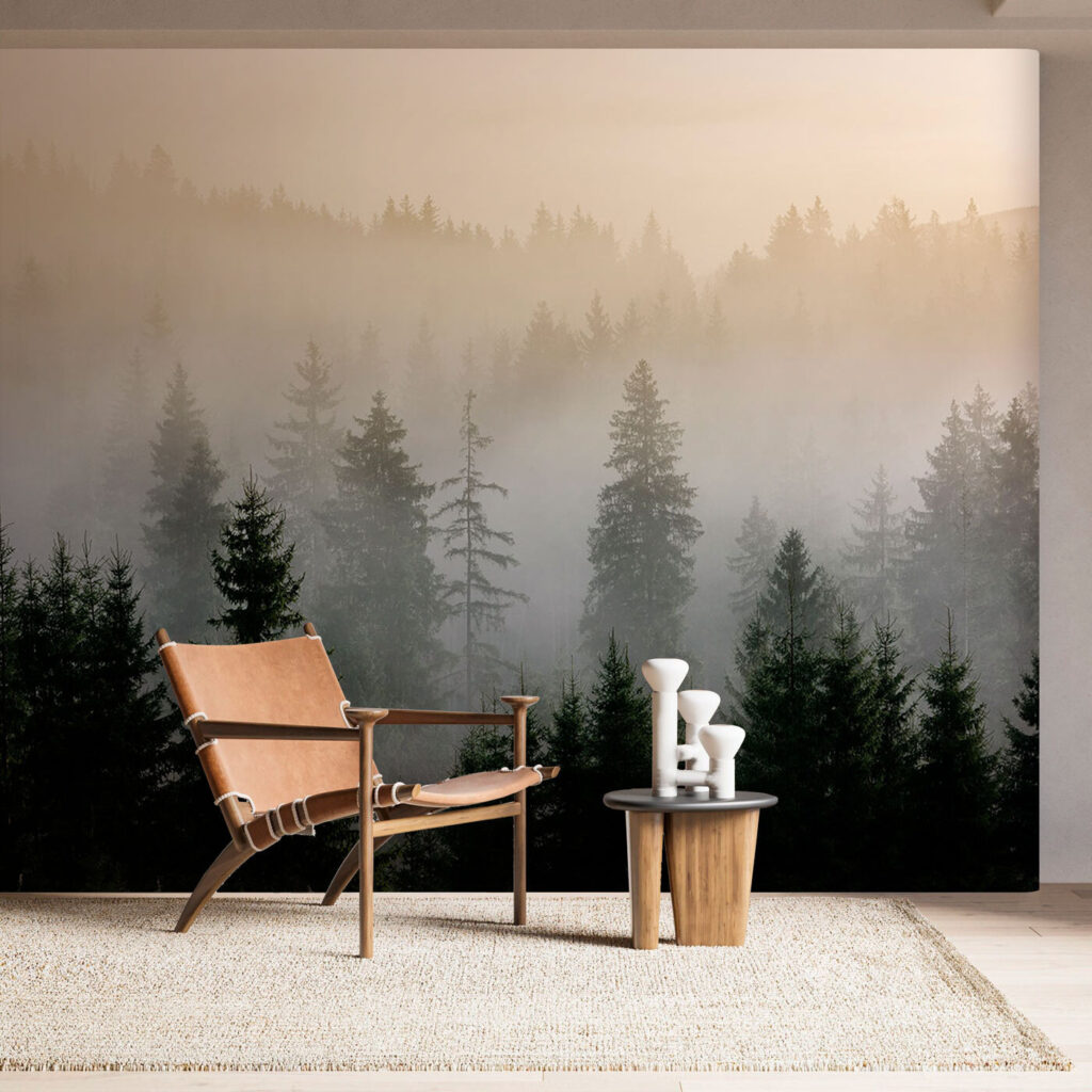 Mistig bos met bomen in een interieur