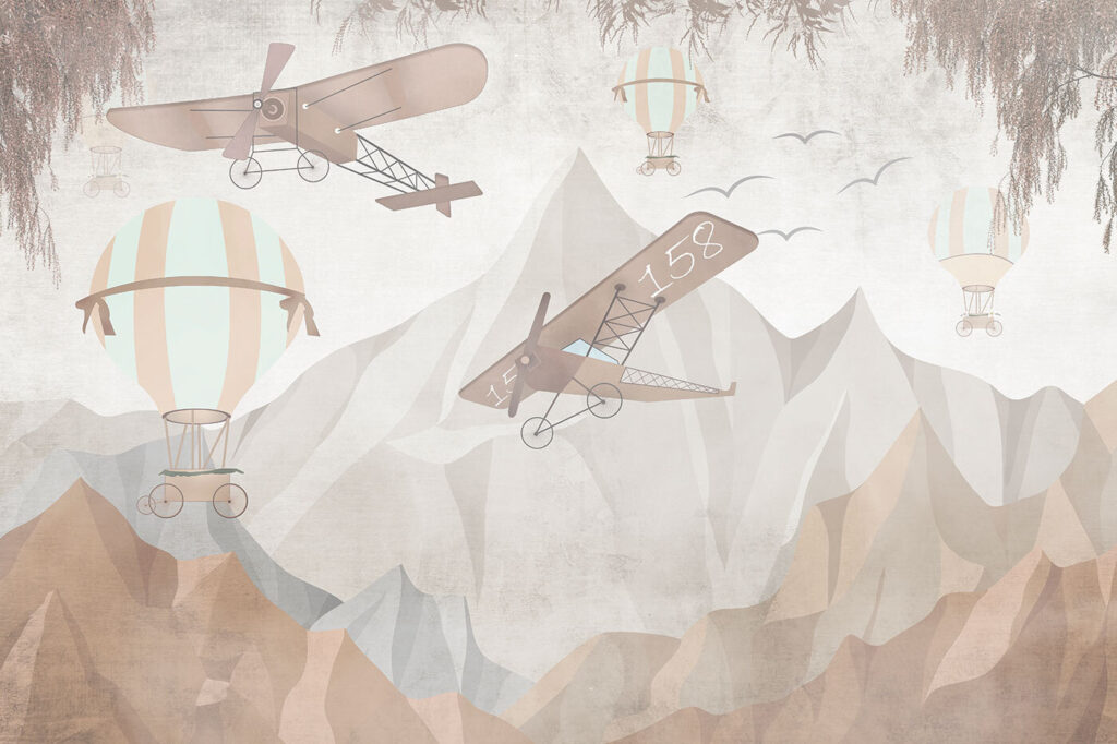 Vliegtuigjes boven zandkleurige bergen — volledig ontwerp