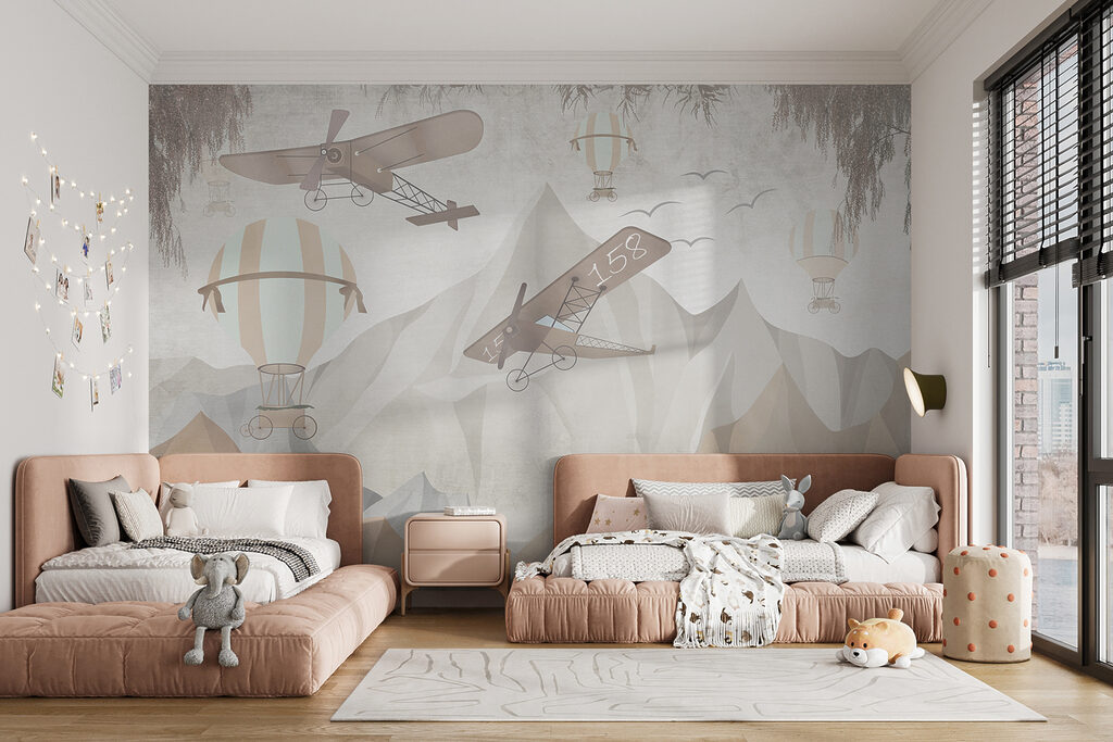 Vliegtuigjes boven zandkleurige bergen — interieur 4