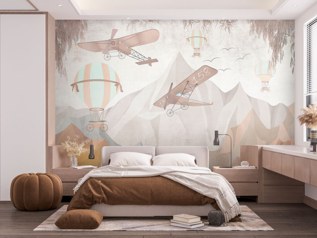 Vliegtuigjes boven zandkleurige bergen — interieur 1