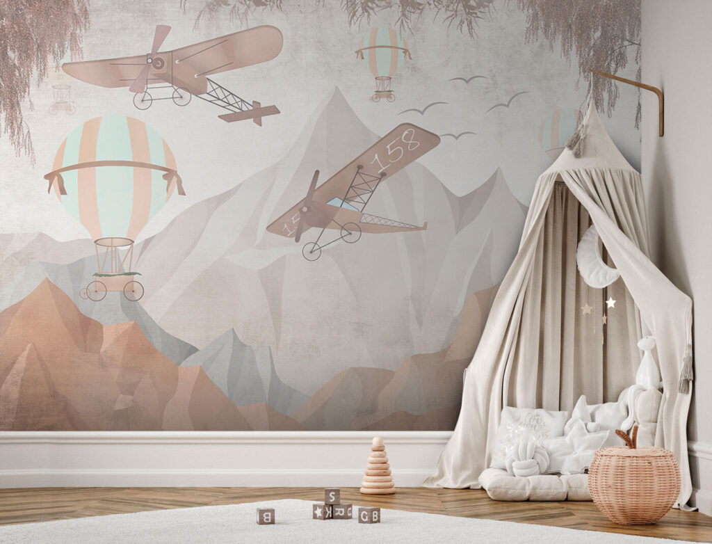 Vliegtuigjes boven zandkleurige bergen — interieur 2
