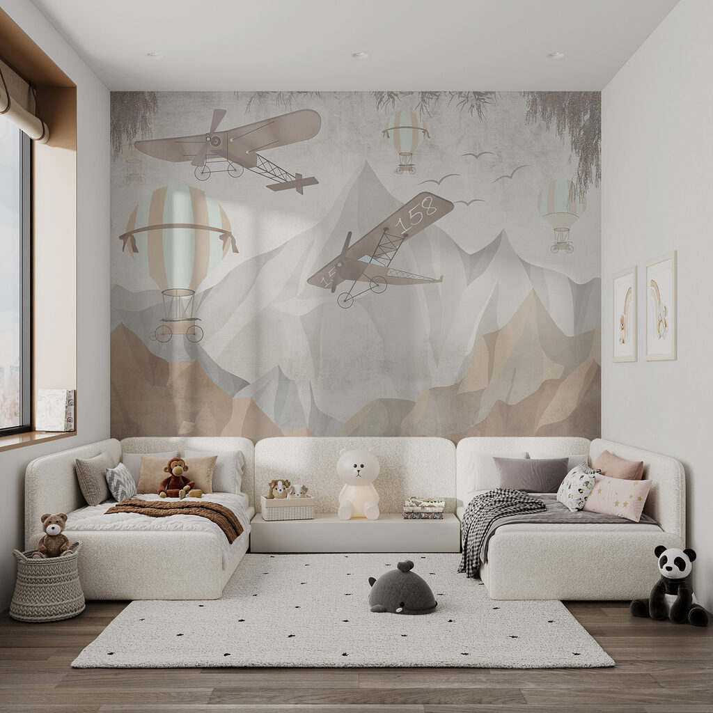 Vliegtuigjes boven zandkleurige bergen — interieur 5