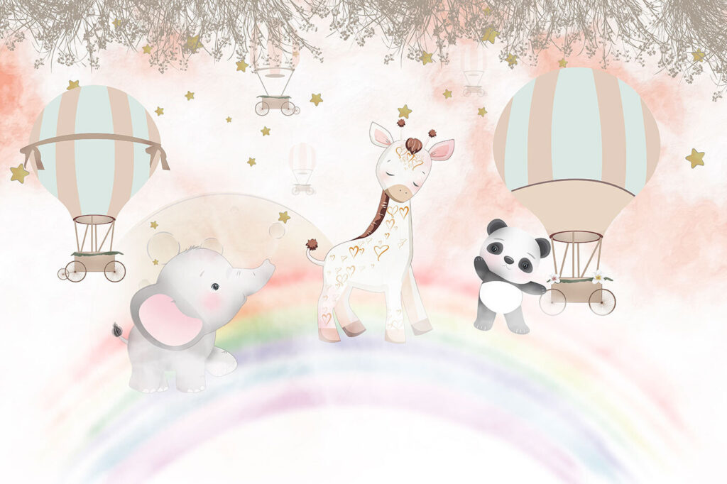 Safarivriendjes boven pastelregenboog — volledig ontwerp