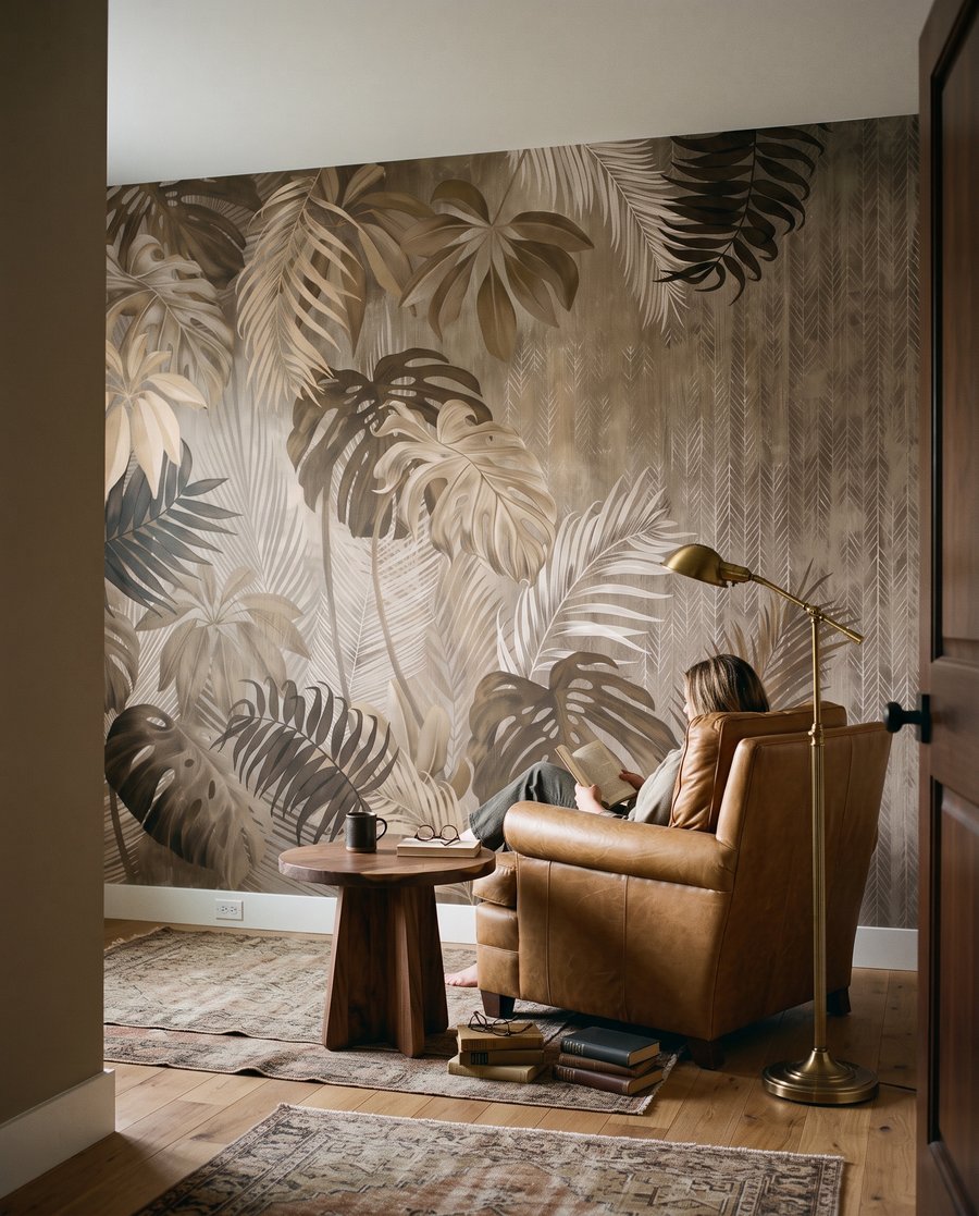 Tropische bladeren in aardetinten in een interieur