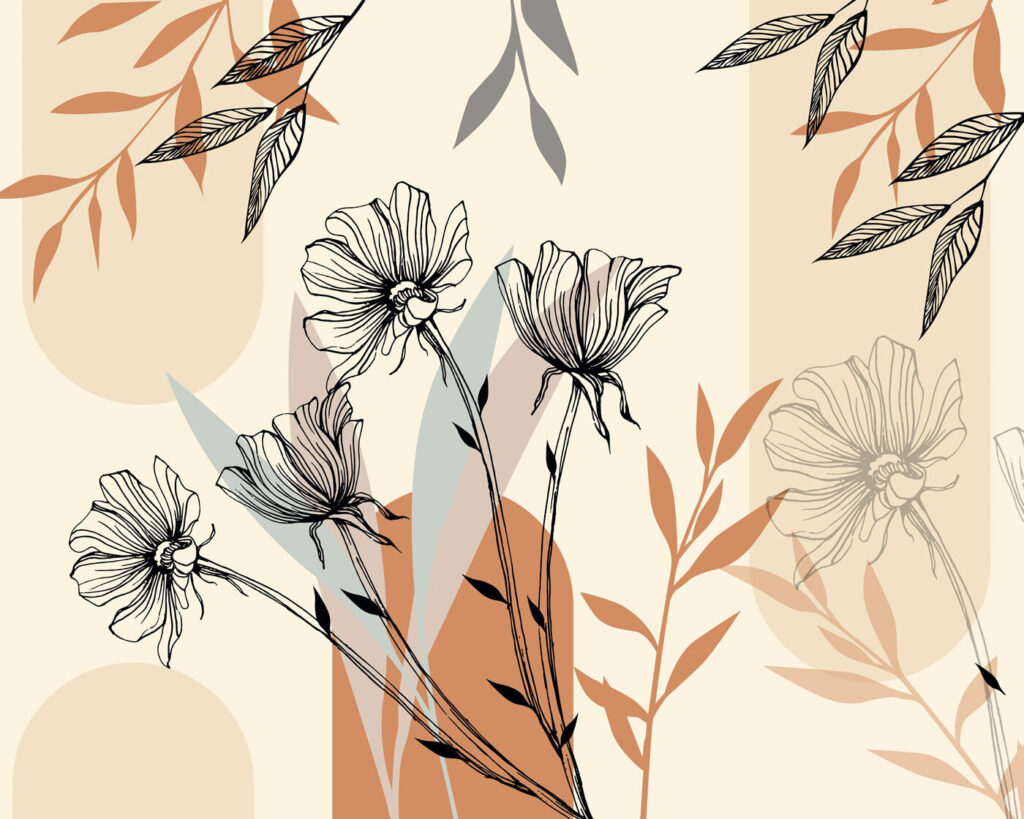 Bloemlijnen tussen aardekleurige vormen — volledig ontwerp