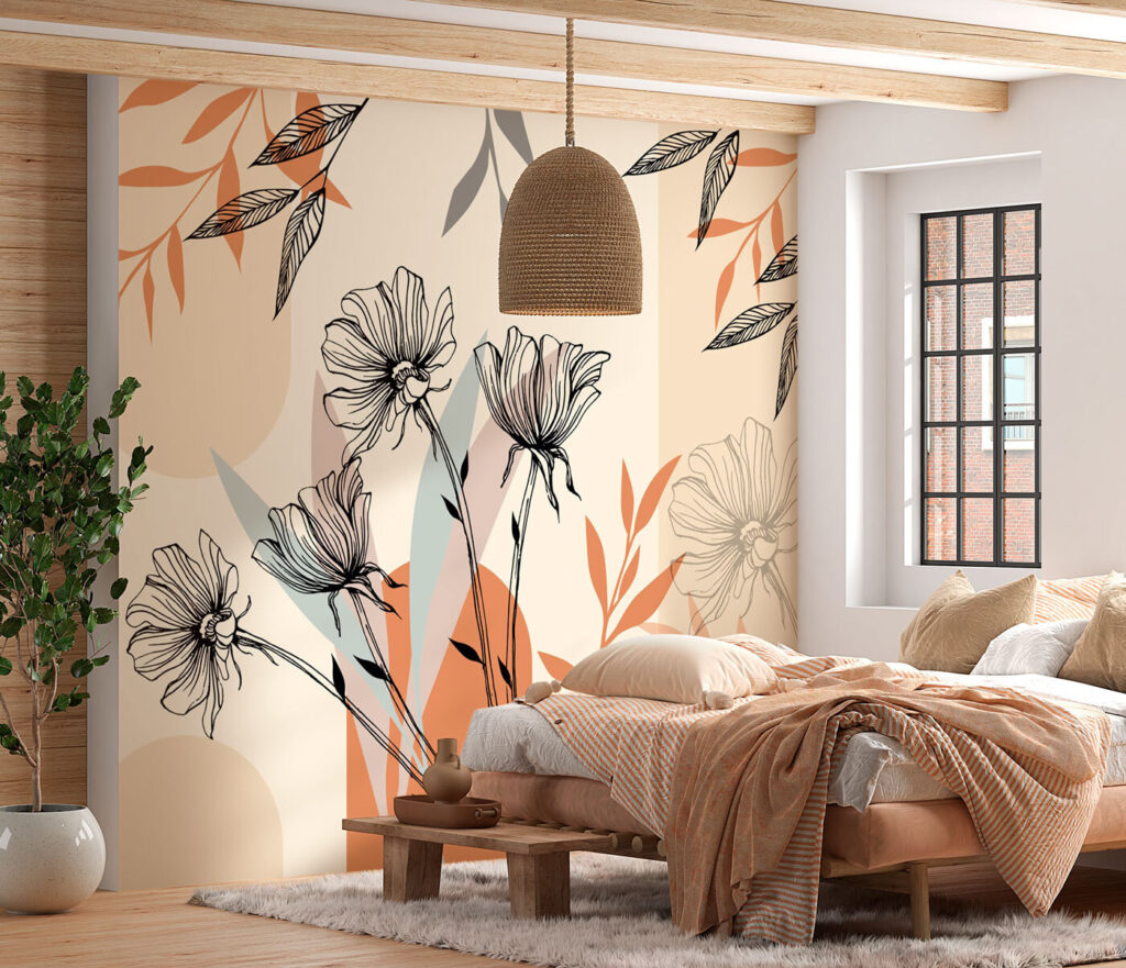 Bloemlijnen tussen aardekleurige vormen — interieur 1