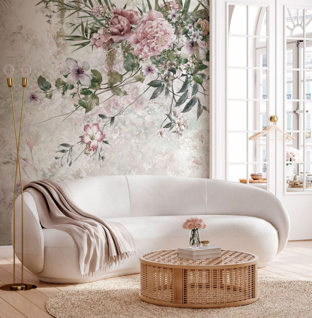 Schilderij van bloemen op een witte achtergrond in een interieur