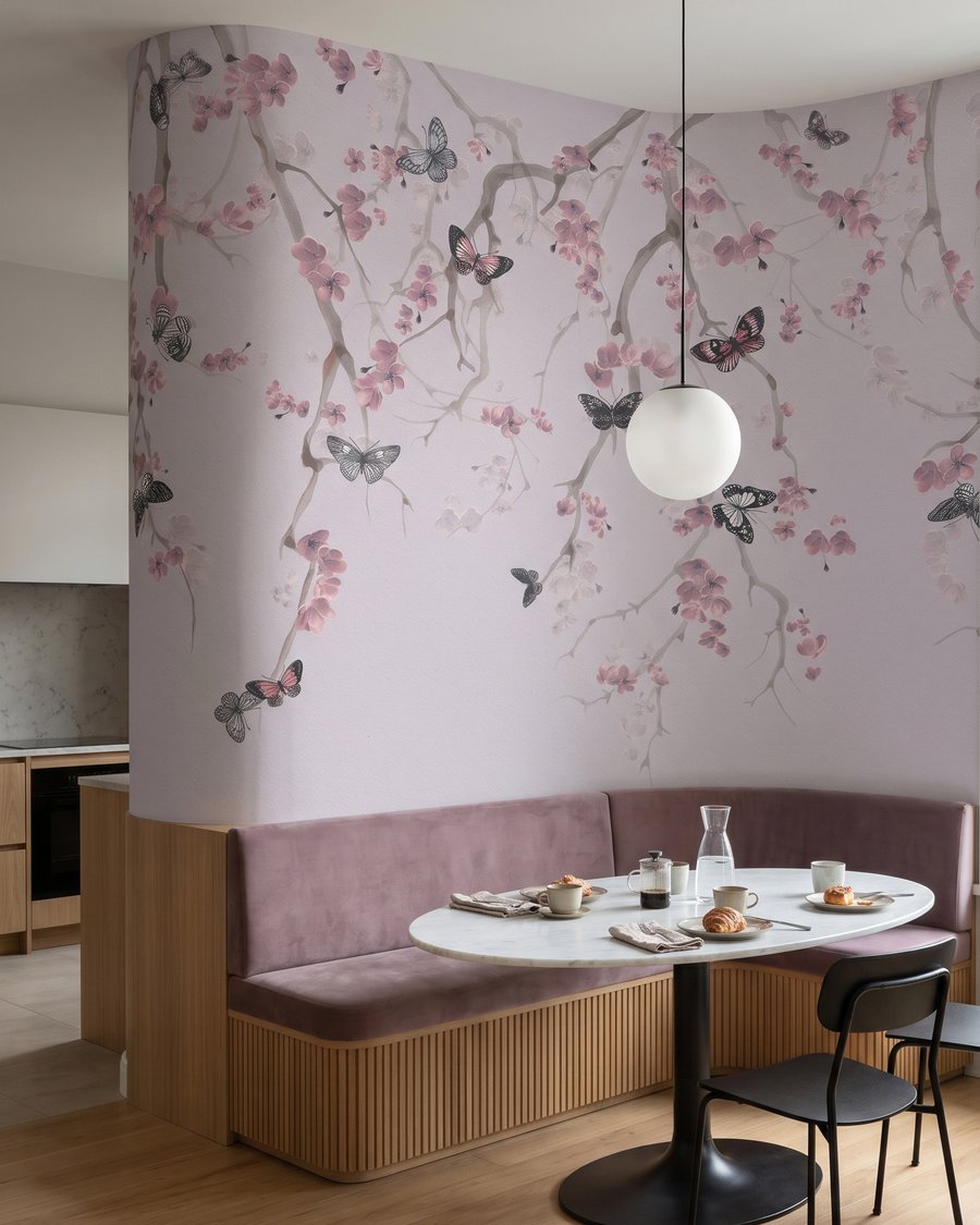 Vlinders onder roze bloesem in een interieur