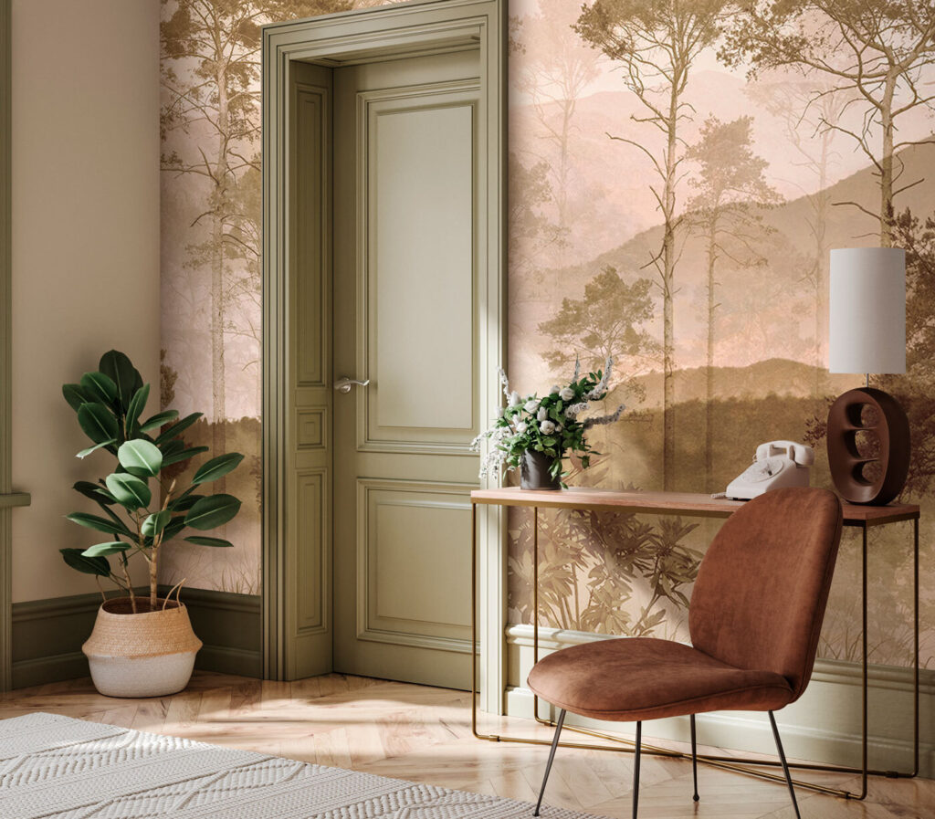 Mistig landschap met bomen en heuvels in een interieur
