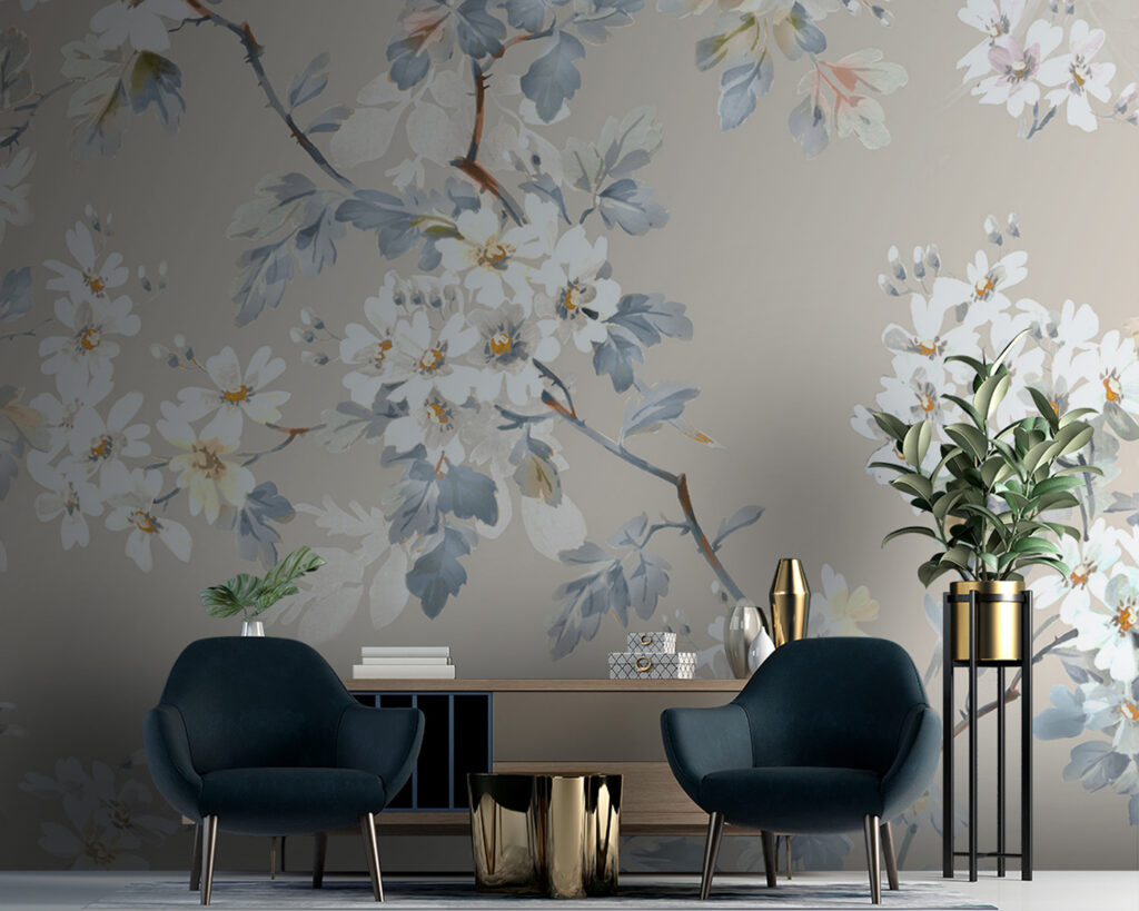 Witte bloesemtakken op taupe — interieur 2