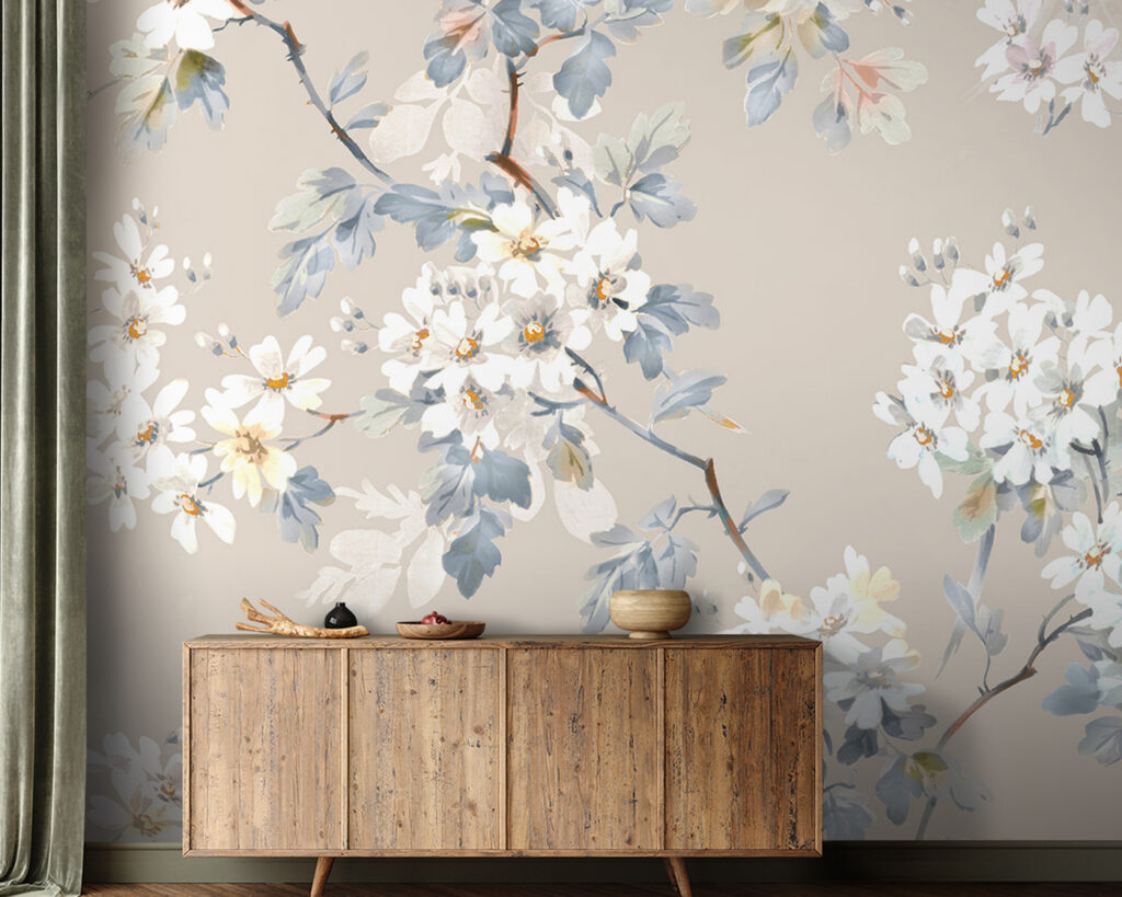 Witte bloesemtakken op taupe — interieur 1