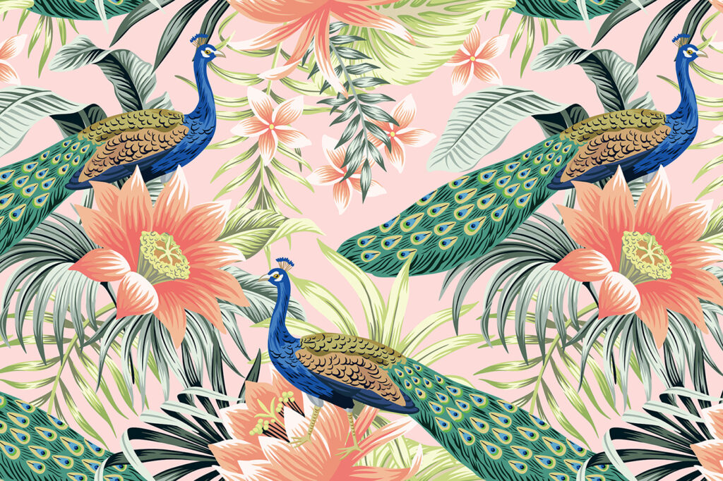 Pauwen tussen oranje bloemen — volledig ontwerp