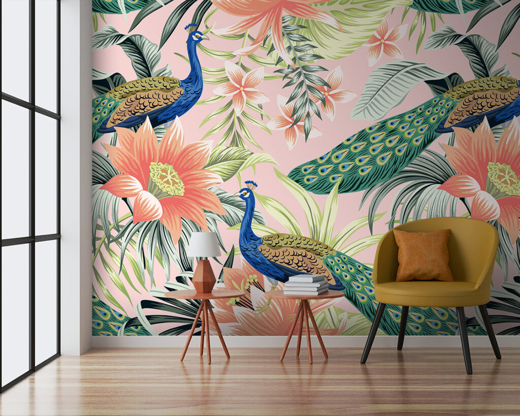 Pauwen tussen oranje bloemen — interieur 1