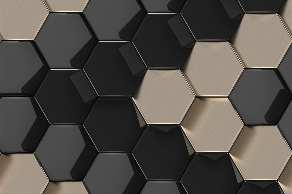 Zeshoeken in zwart, beige — volledig ontwerp