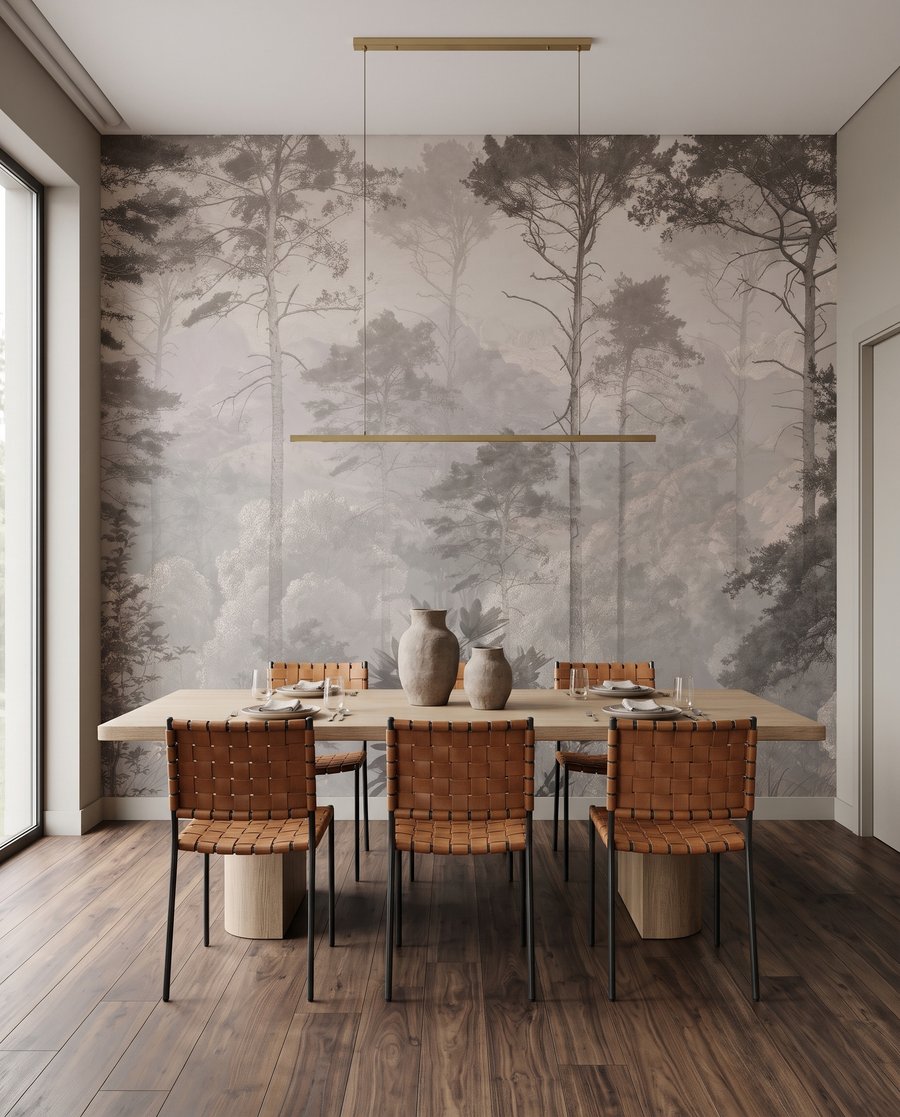 Bos in fijne gravurelijnen in een interieur
