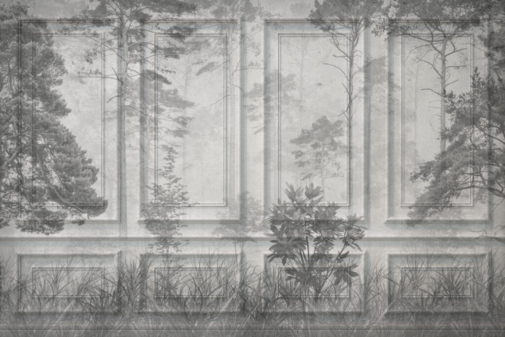 Bos over oude wandpanelen — volledig ontwerp