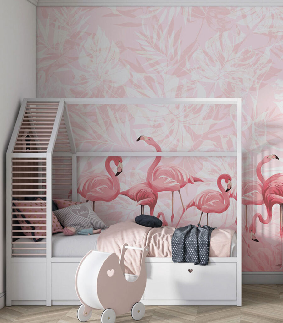 Een groep roze flamingo's in een interieur