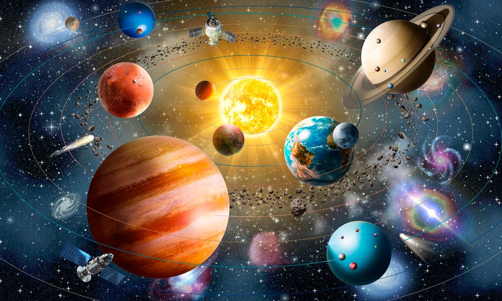 Planeten rond stralende zon — volledig ontwerp