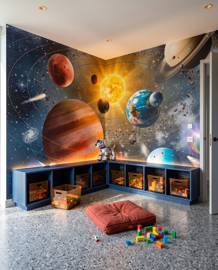 Planeten en sterren in de ruimte in een interieur