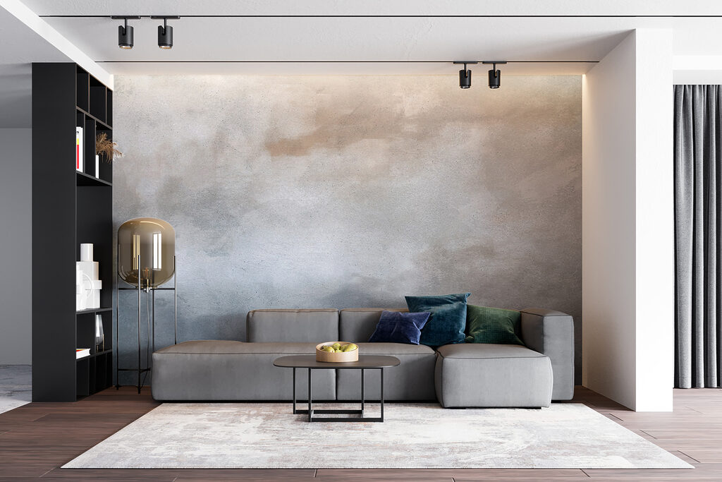 Blauwgrijze verf onder pastelnevel — interieur 3