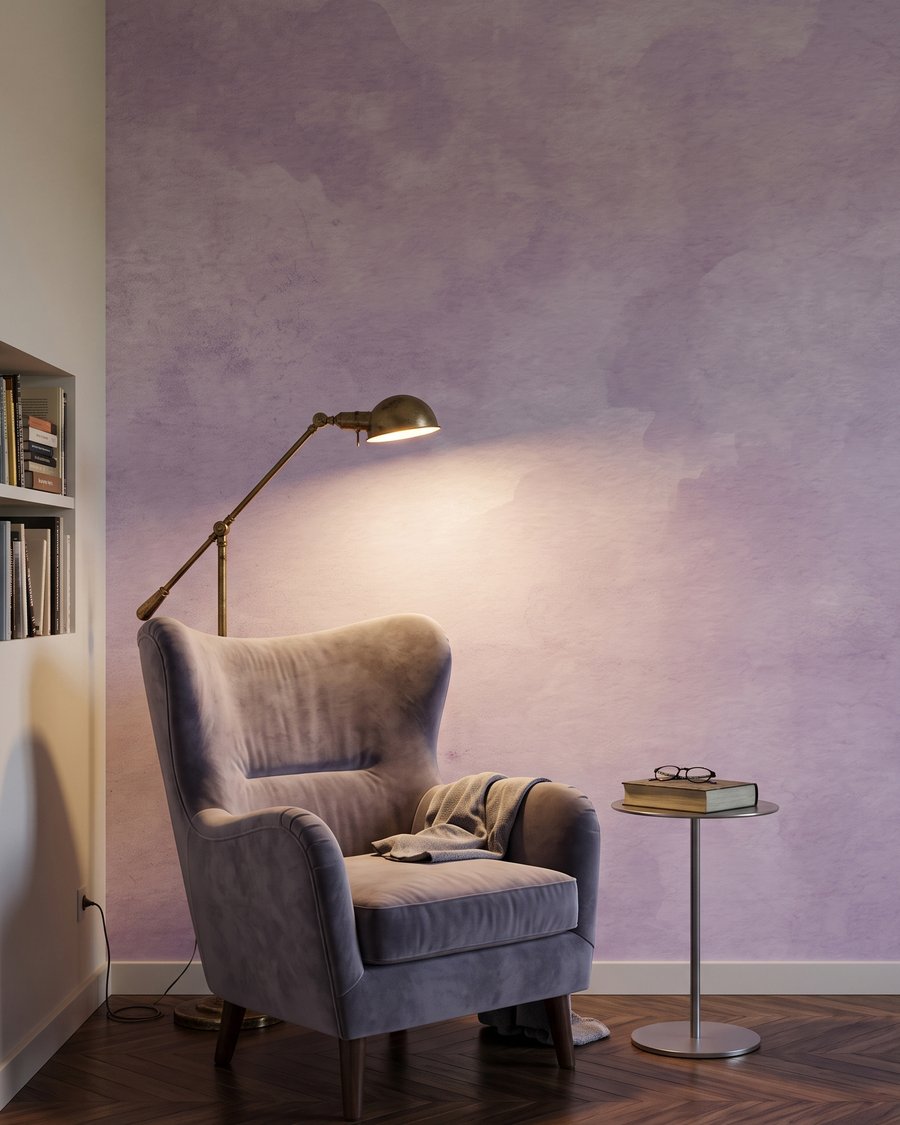 Lila wolken van kleur in een interieur