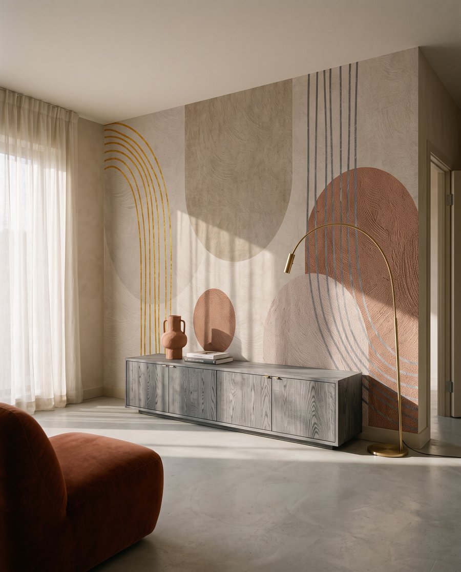 Abstracte vormen in zachte kleuren in een interieur