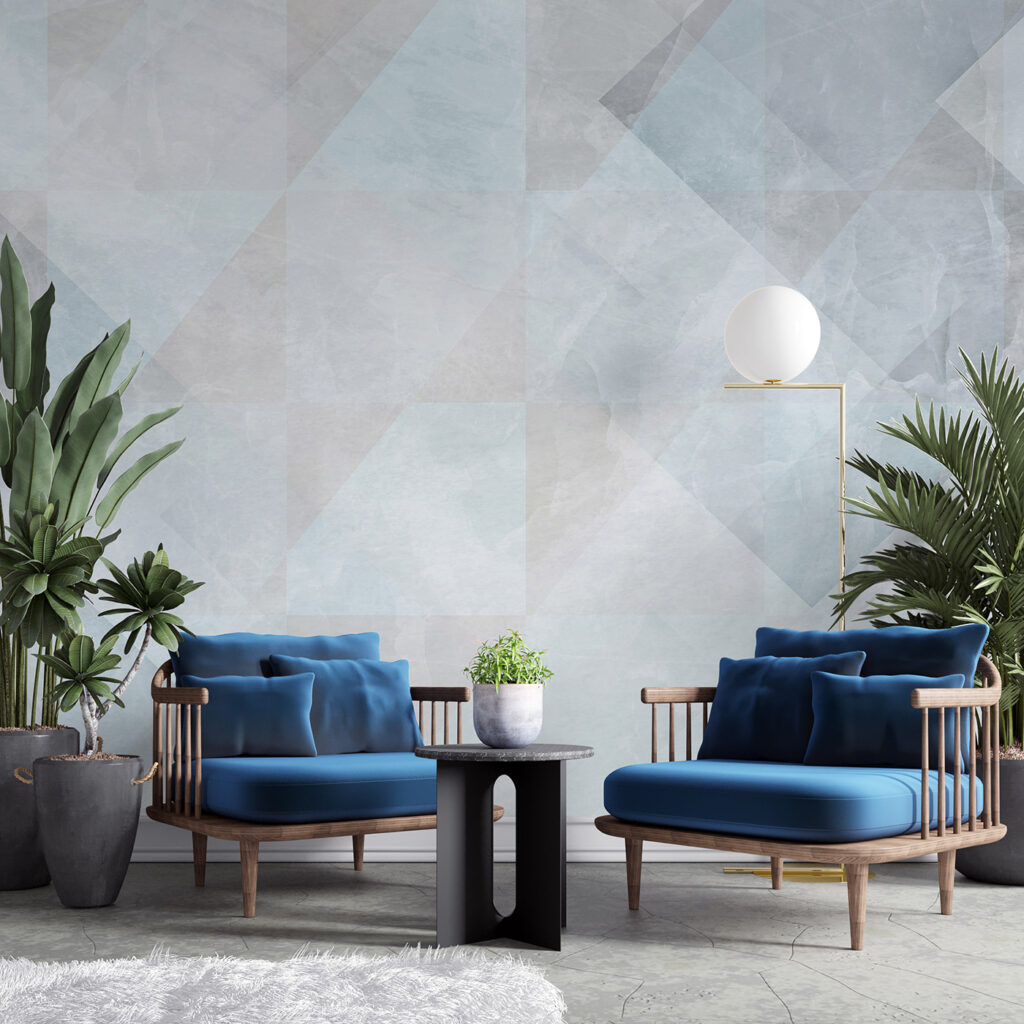 Blauwe geometrie in verflagen — interieur 1