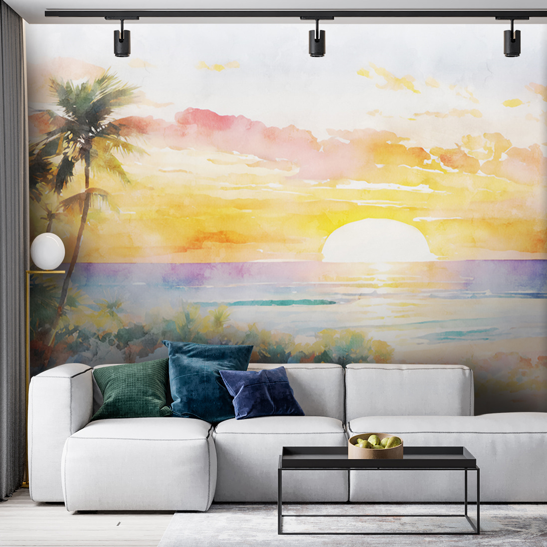 Aquarel van een strand met palmbomen en een zonsondergang in een interieur