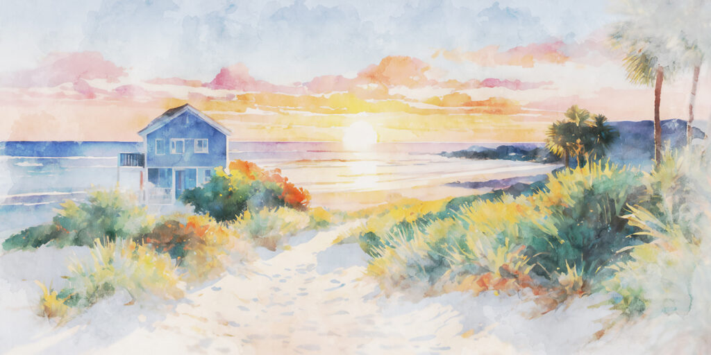 Aquarel van een huis en een strand — volledig ontwerp