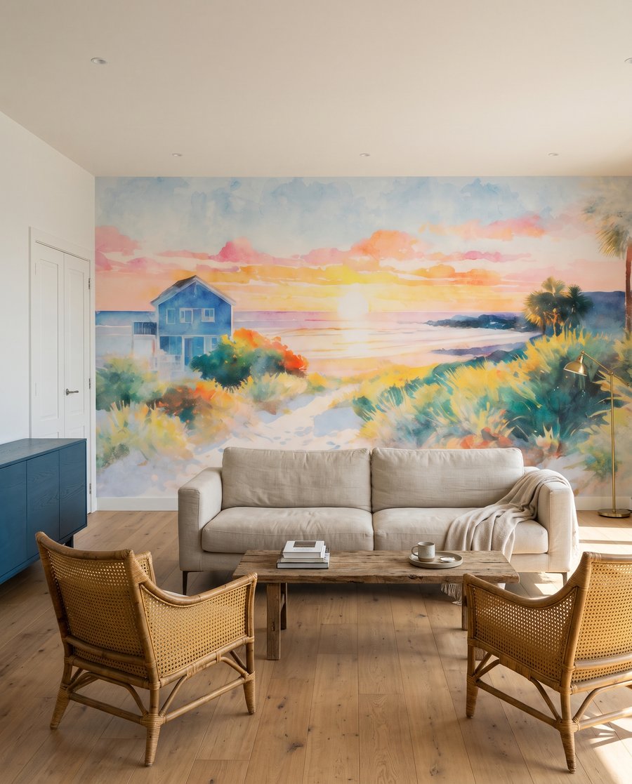 Blauw huis aan zee in een interieur