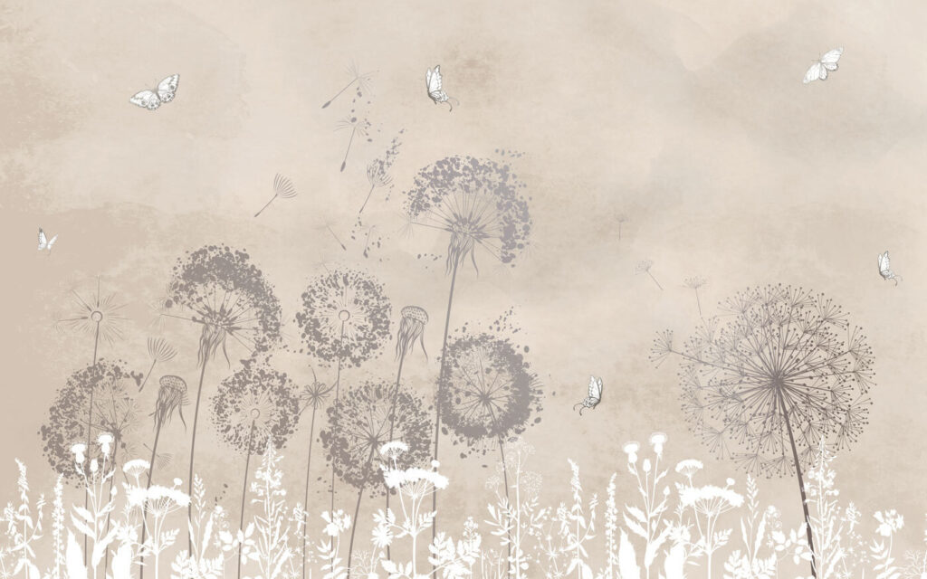 Pluisbollen boven witte bloemen — volledig ontwerp