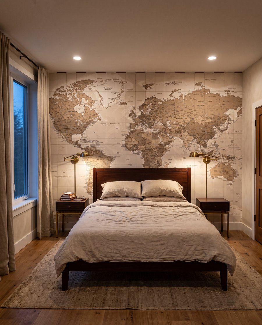 Een kaart van de wereld in een interieur