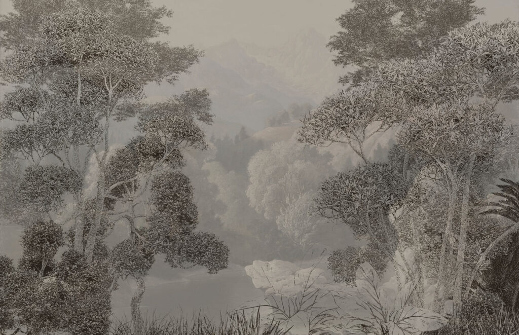 Een landschap met bomen en bergen — volledig ontwerp