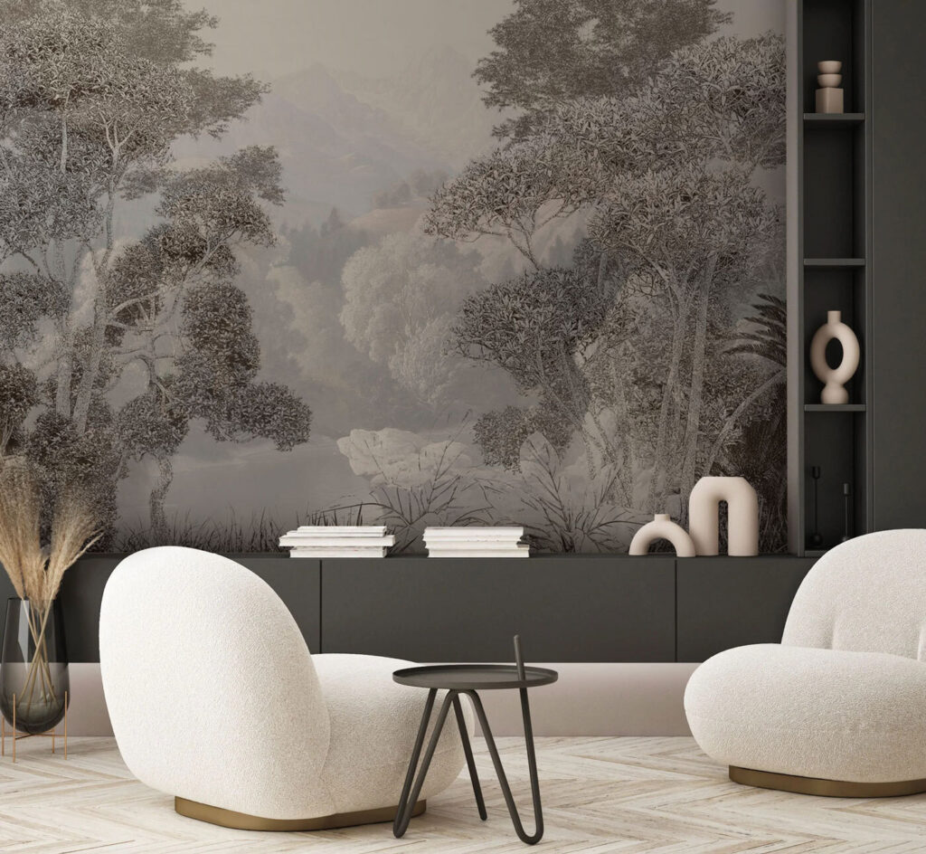 Een landschap met bomen en bergen — interieur 1
