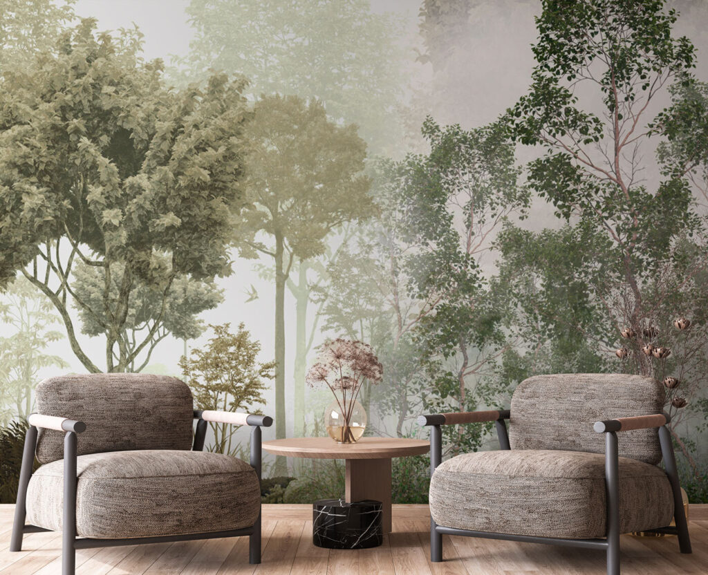 Groene boskronen vangen licht — interieur 3
